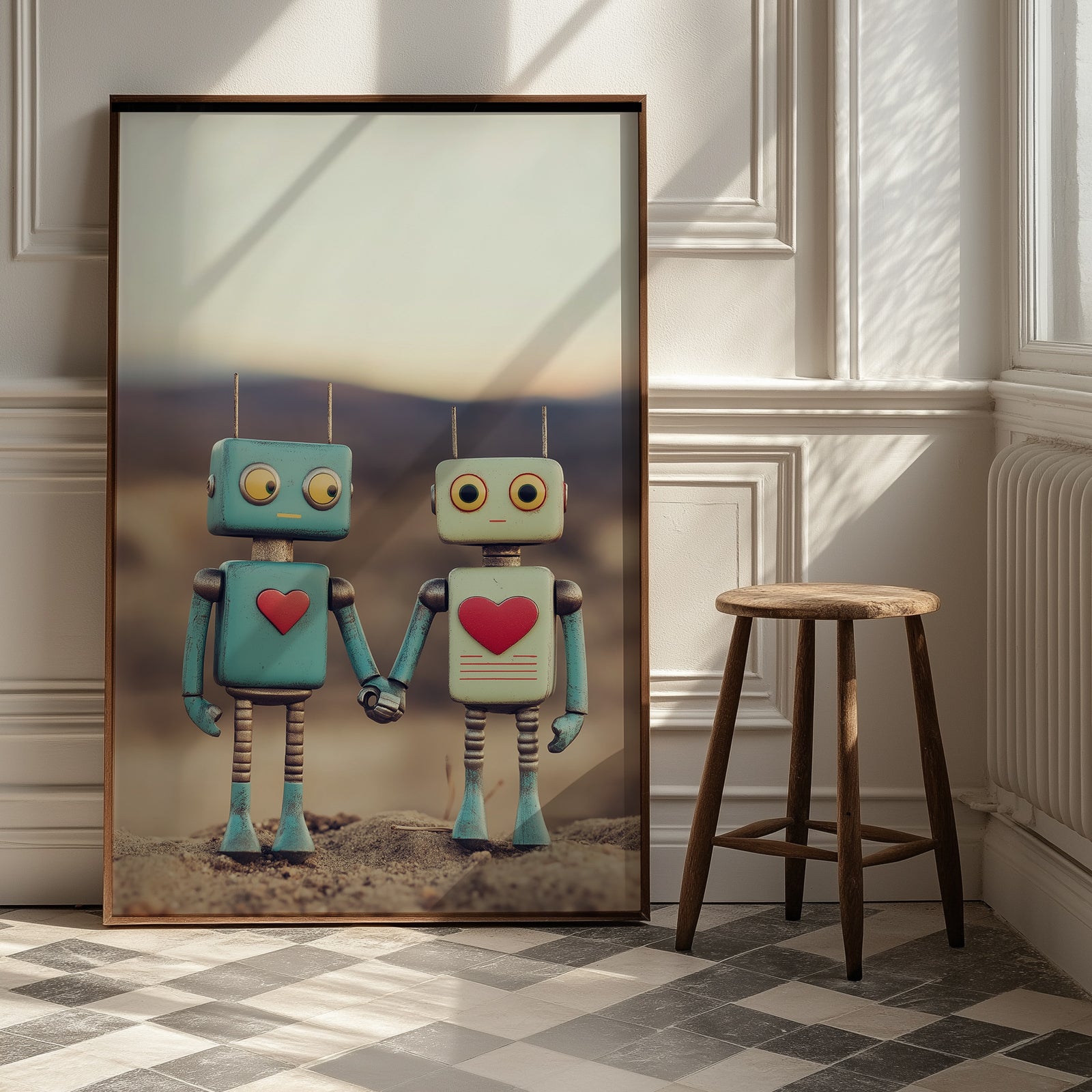 Tin Can Love Wall Art Print — Whimsical Robot Romance Poster
