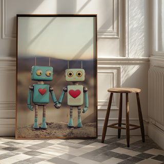 Tin Can Love Wall Art Print — Whimsical Robot Romance Poster