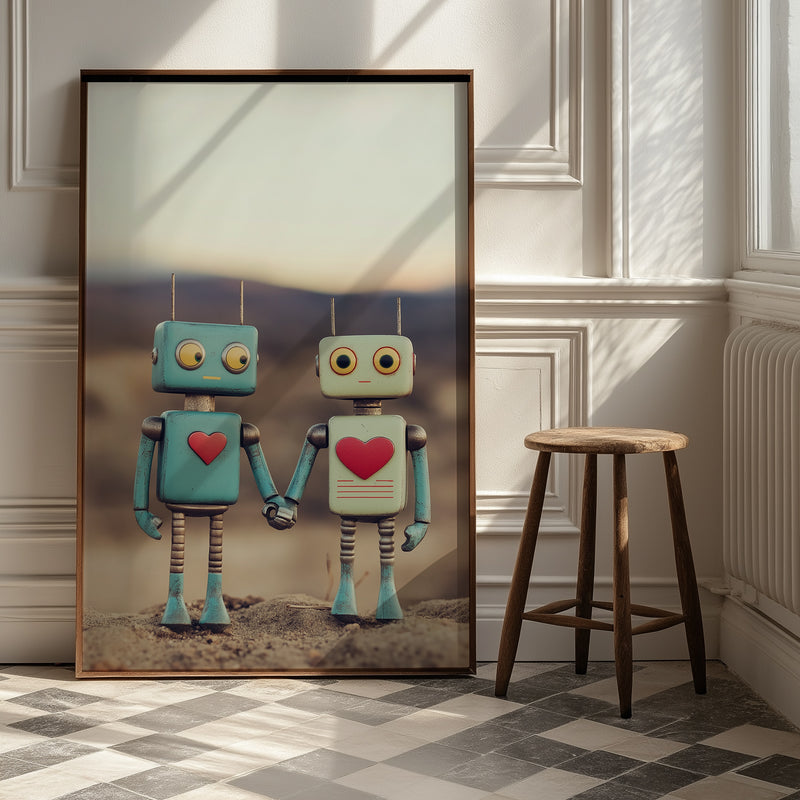 Tin Can Love Wall Art Print — Whimsical Robot Romance Poster