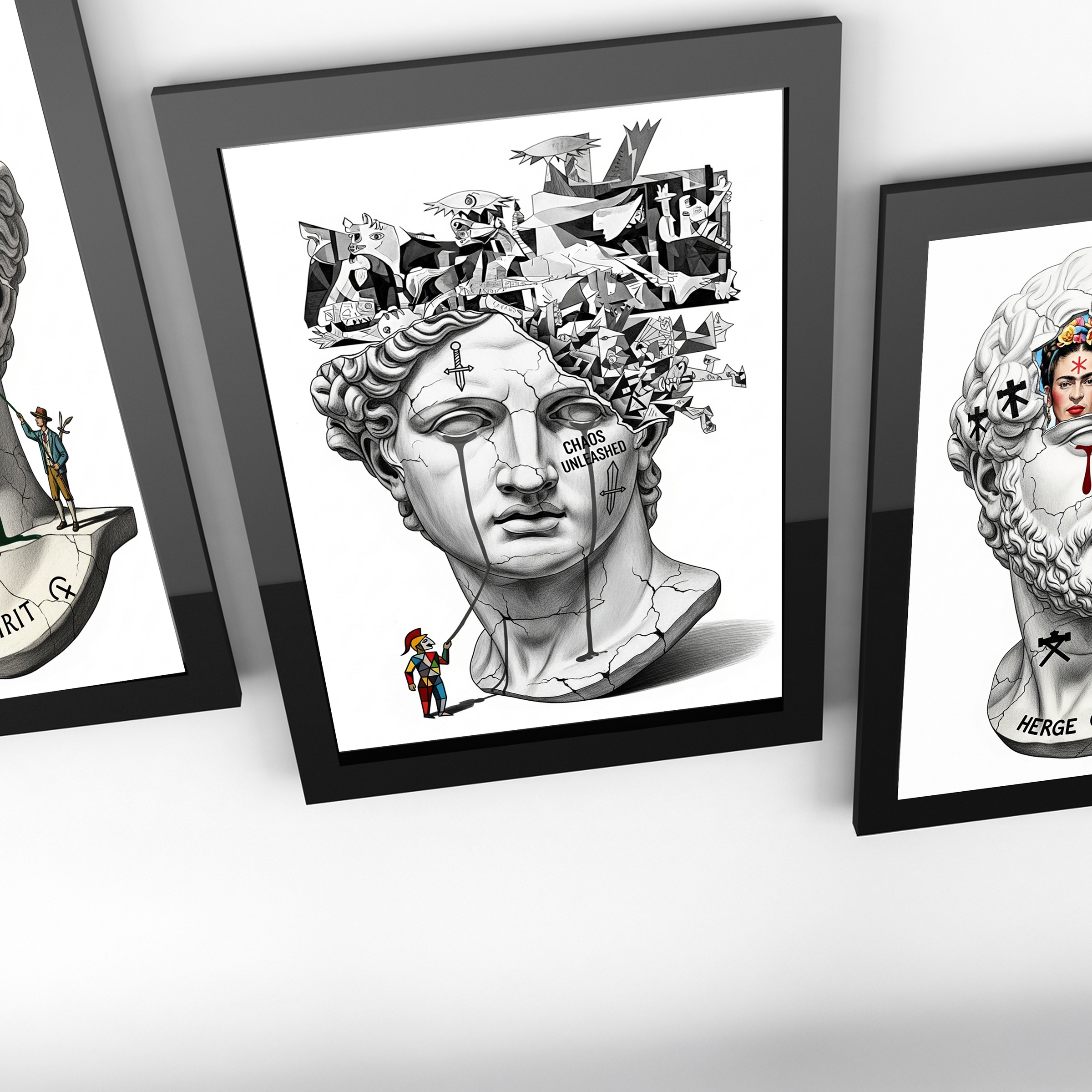 Chaos Unleashed — Surreal David Bust Meets Picasso's Guernica Wall Art Print