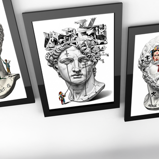 Chaos Unleashed — Surreal David Bust Meets Picasso's Guernica Wall Art Print