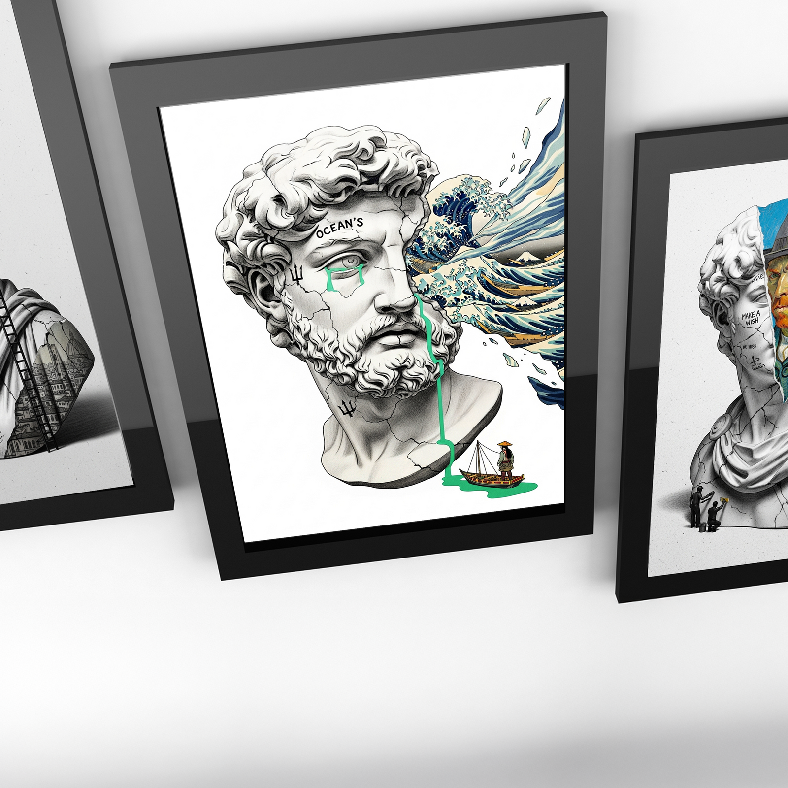 Ocean's Hokusai — Surreal Poseidon Bust Wall Art Print