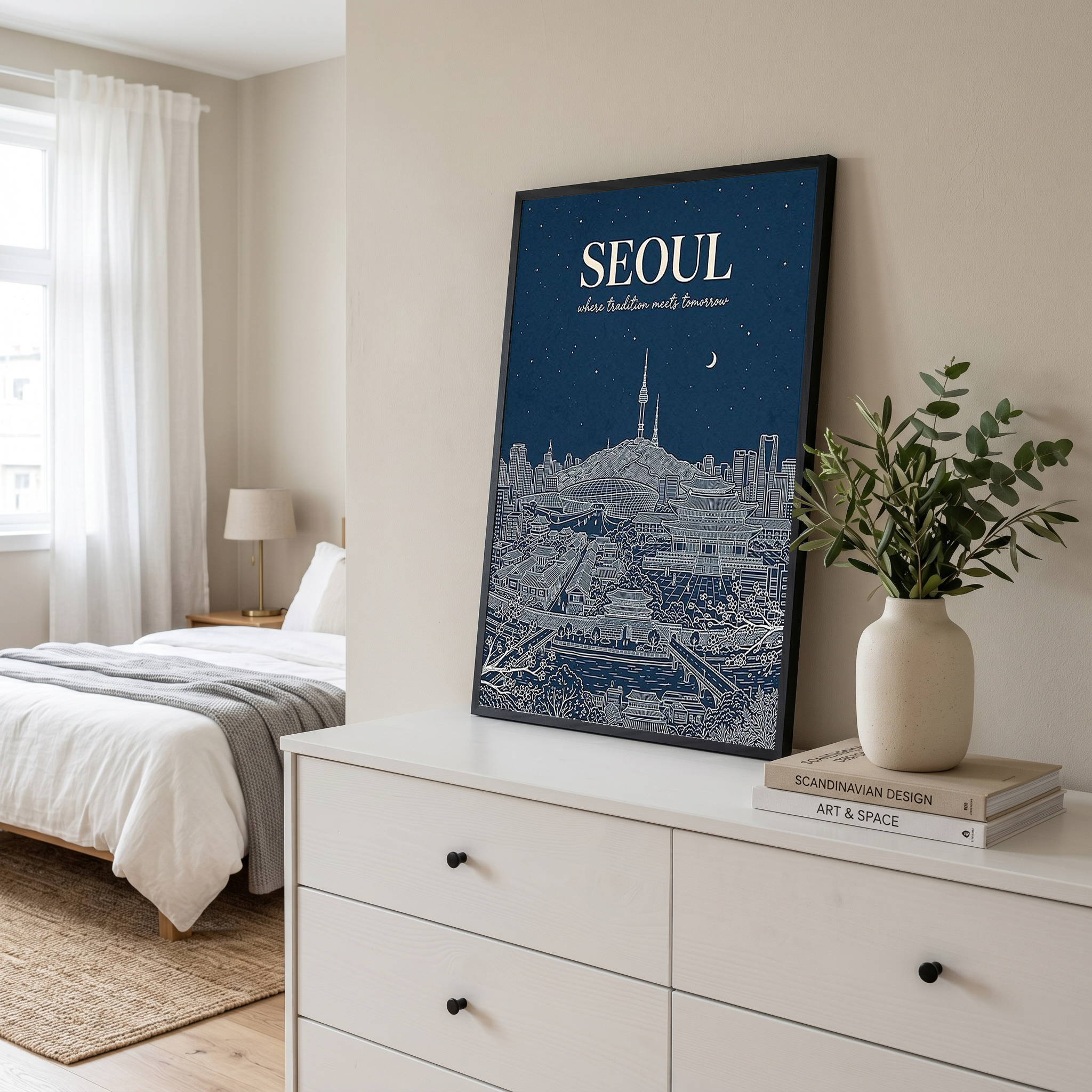 Seoul Line Art Print — Navy N Seoul Tower Gyeongbokgung Palace Skyline Wall Art