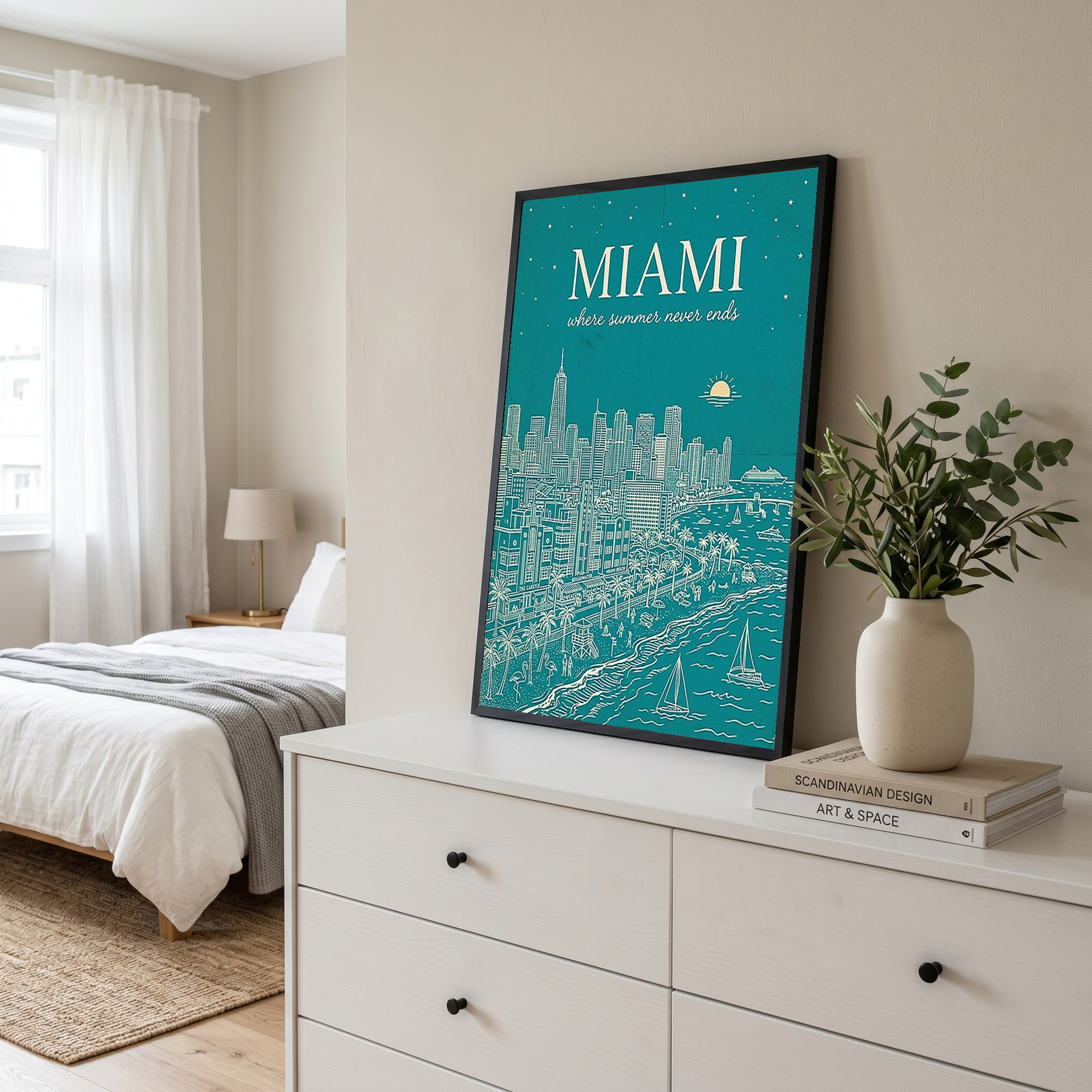 Miami Line Art Print — Teal South Beach Skyline Art Deco Wall Art