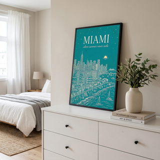 Miami Line Art Print — Teal South Beach Skyline Art Deco Wall Art