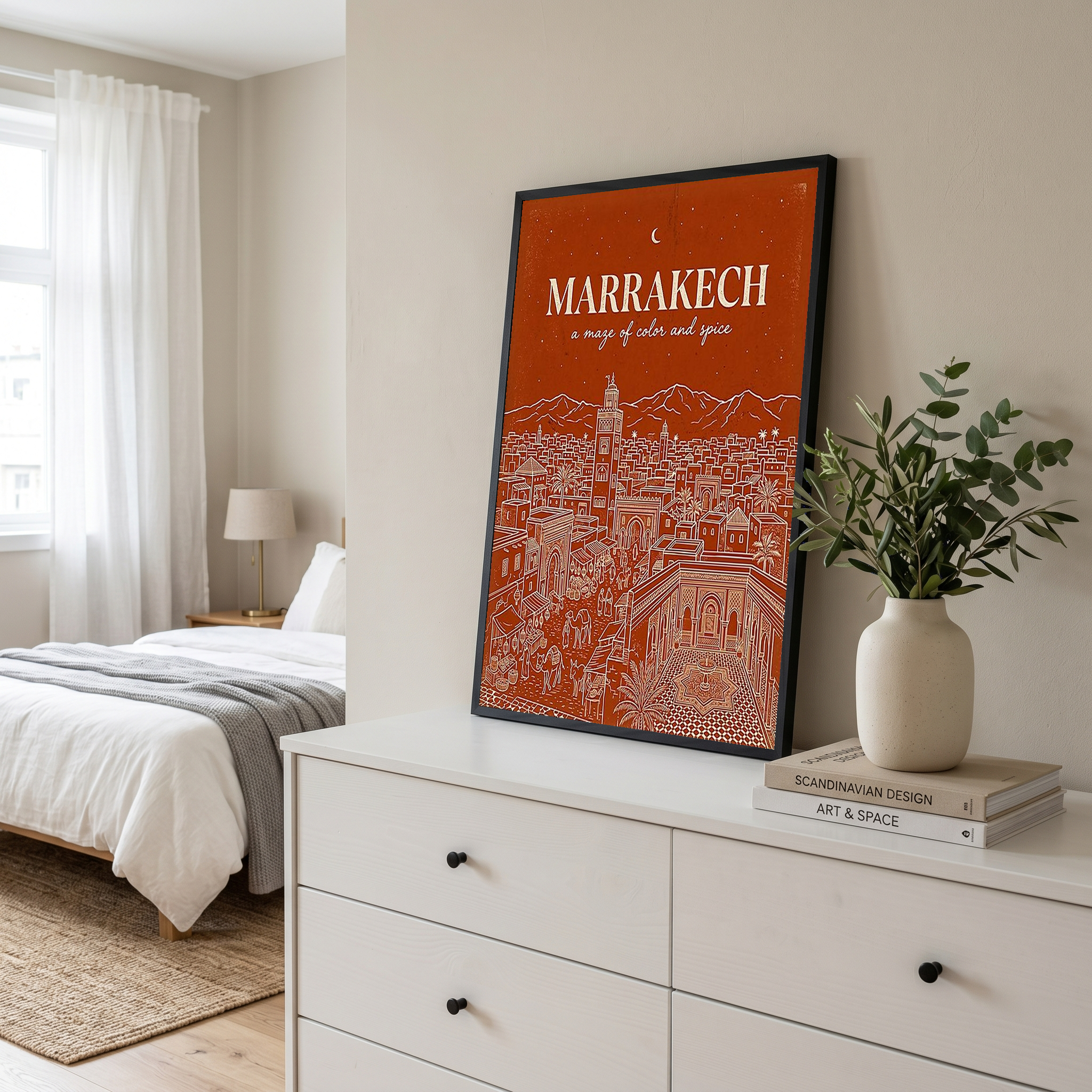Marrakech Line Art Print — Terracotta Koutoubia Medina Skyline Wall Art