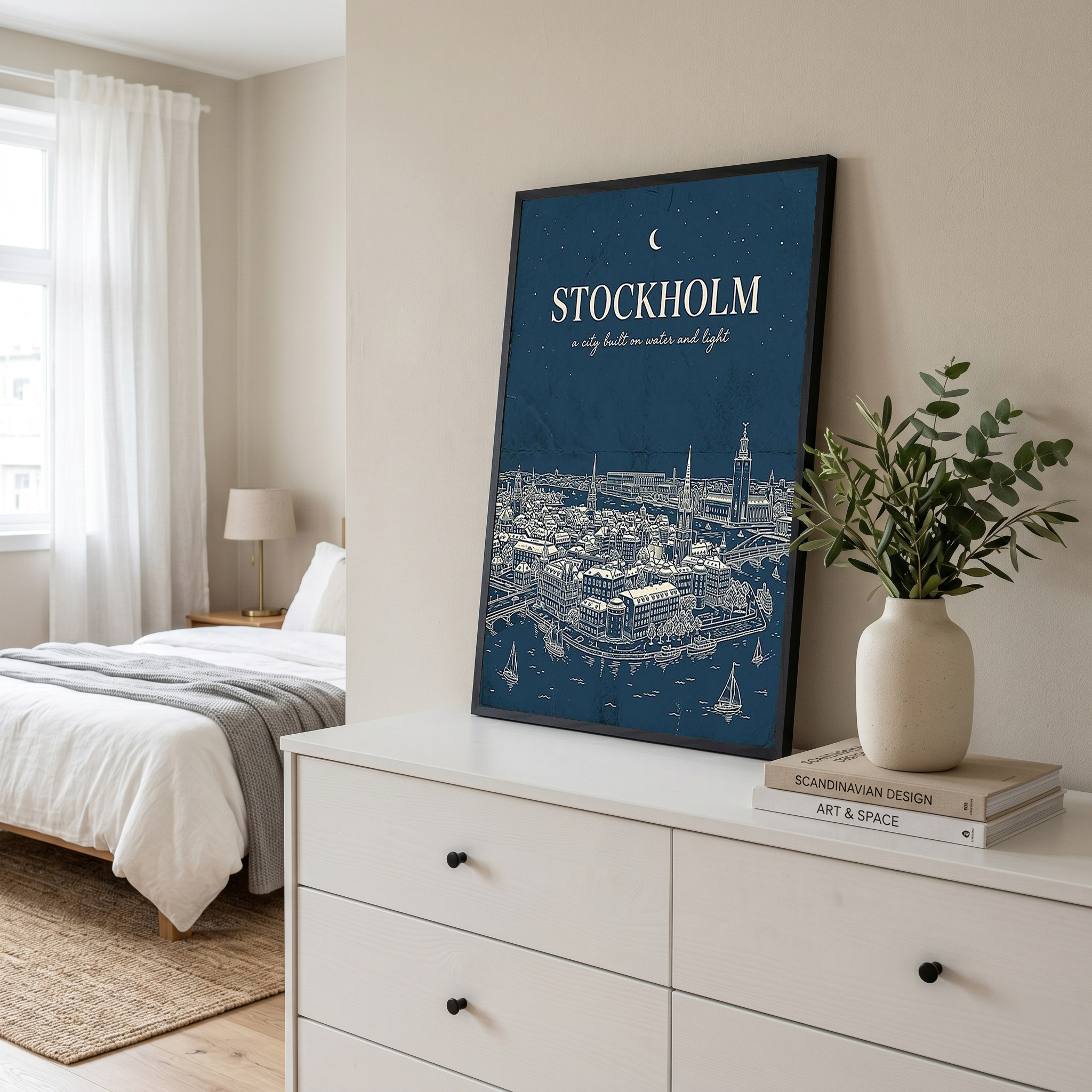 Stockholm Line Art Print — Navy Gamla Stan Old Town Skyline Wall Art