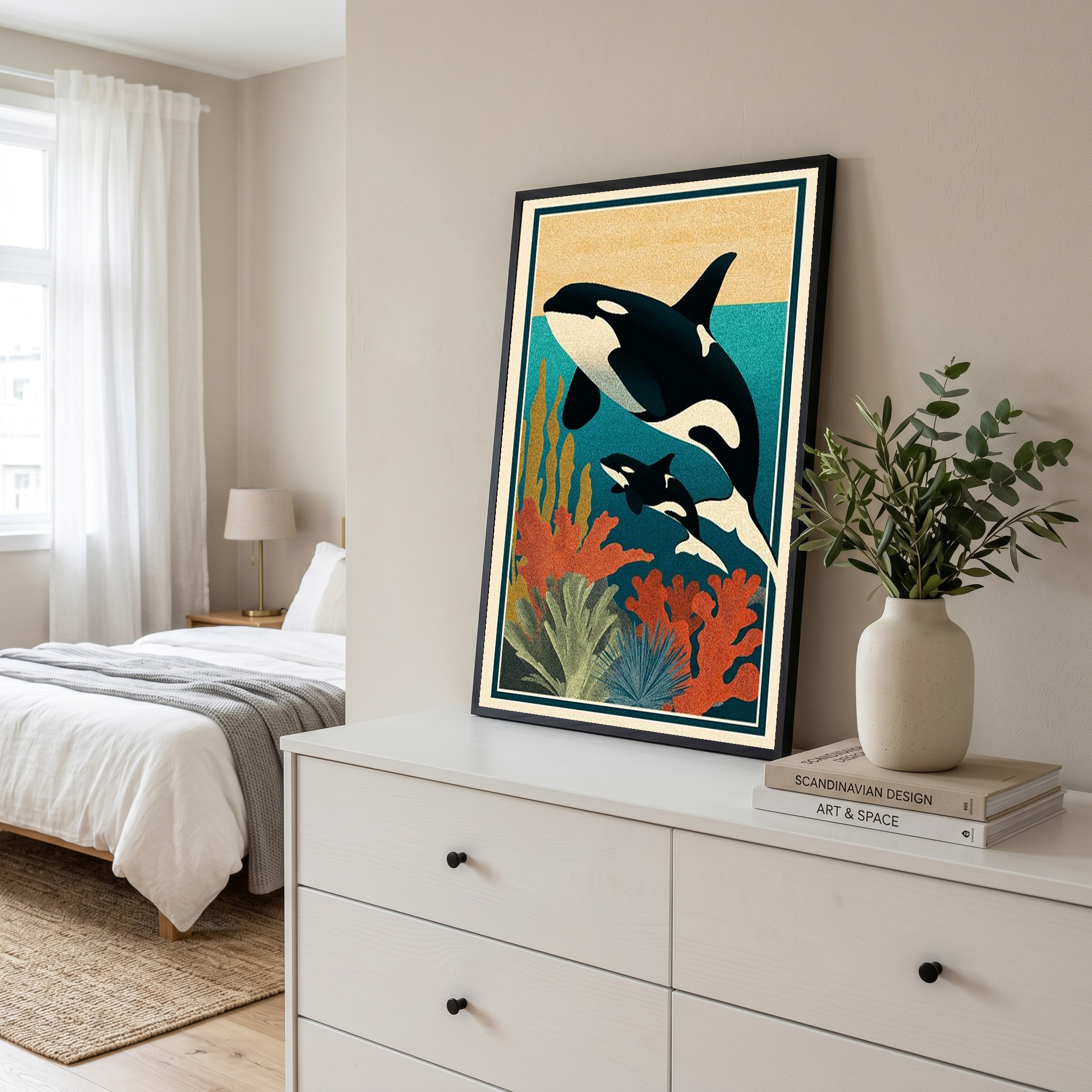 Orca Mother & Calf Ocean Reef Poster - Coastal Wildlife Wall Art