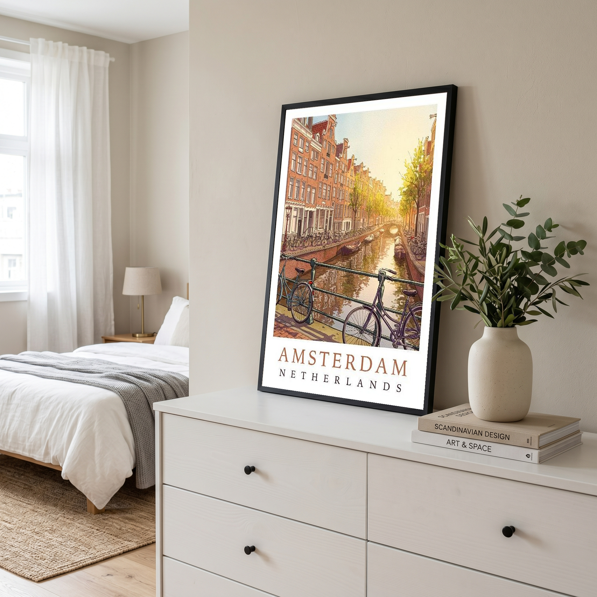 Amsterdam Netherlands Travel Poster — Canal House Bicycle Print