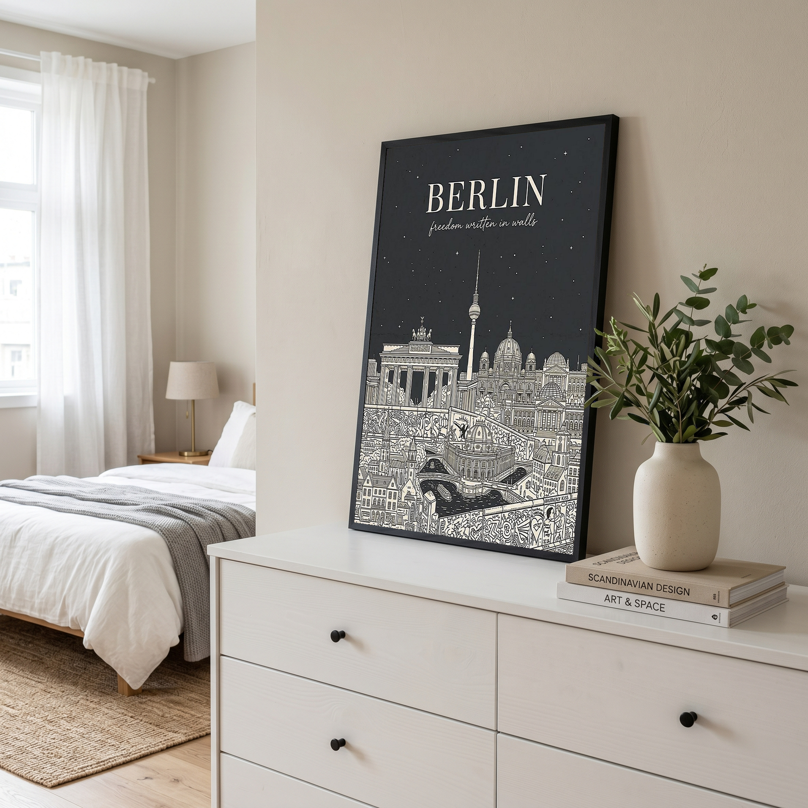 Berlin Line Art Print — Charcoal Brandenburg Gate TV Tower Skyline Wall Art