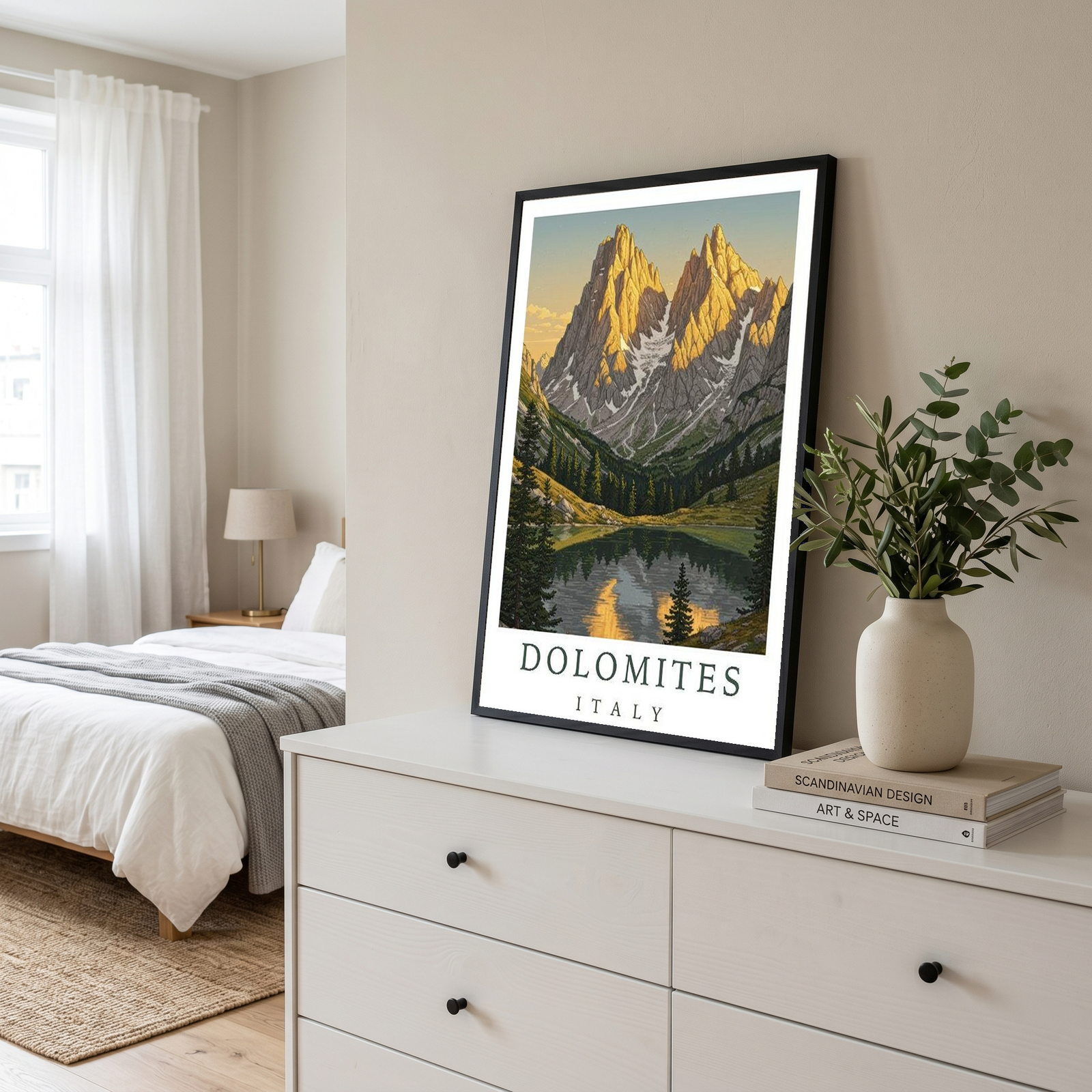Dolomites Italy Travel Poster — Vintage Alpine Mountain Lake Print