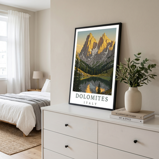 Dolomites Italy Travel Poster — Vintage Alpine Mountain Lake Print