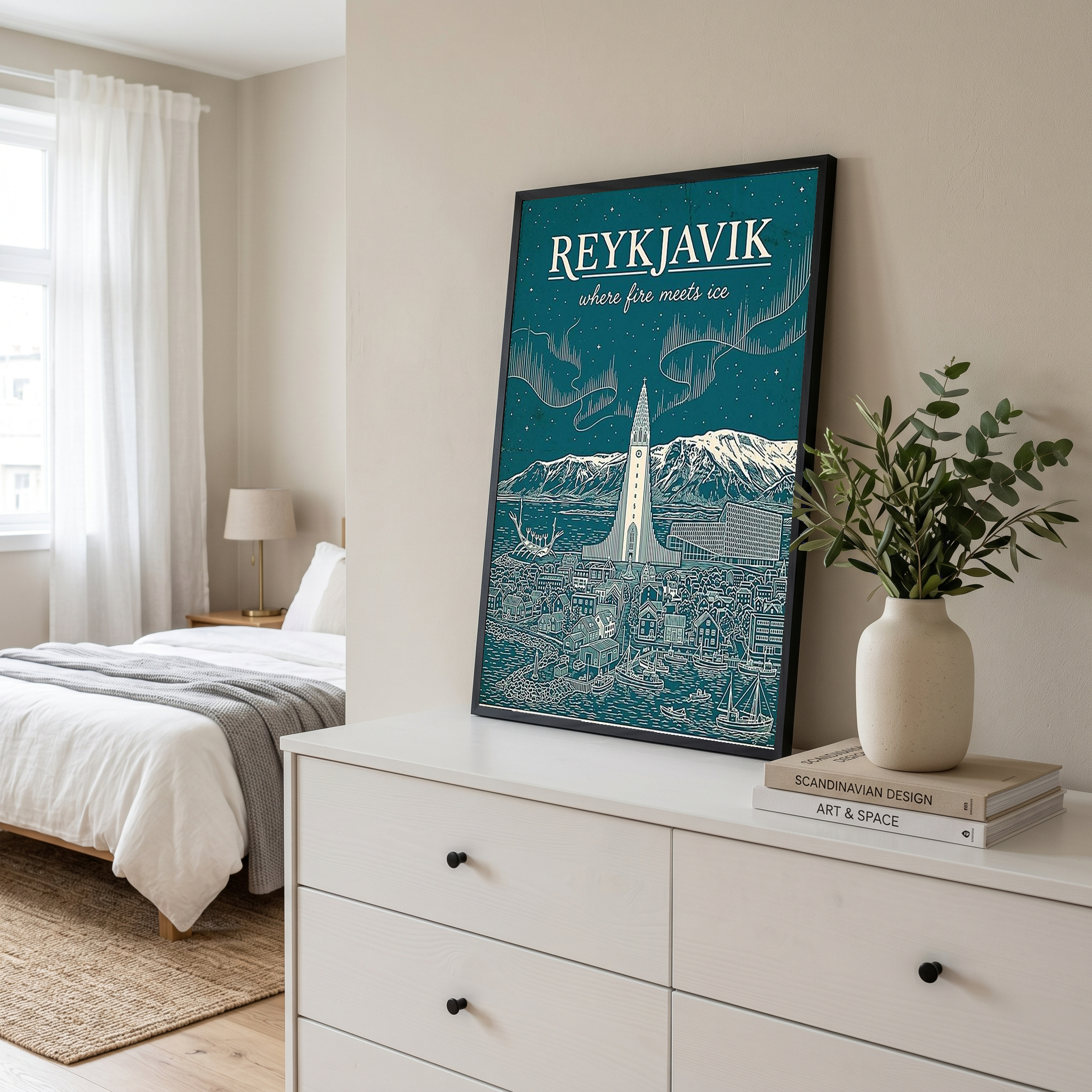Reykjavik Line Art Print — Teal Hallgrímskirkja Aurora Skyline Wall Art