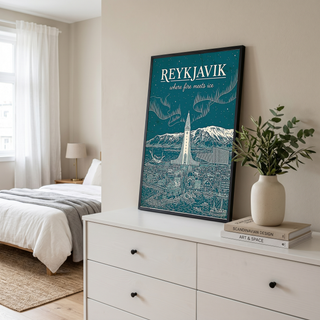 Reykjavik Line Art Print — Teal Hallgrímskirkja Aurora Skyline Wall Art