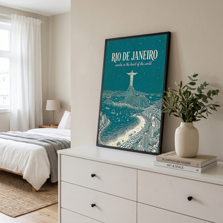 Rio de Janeiro Line Art Print — Teal Christ the Redeemer Copacabana Wall Art
