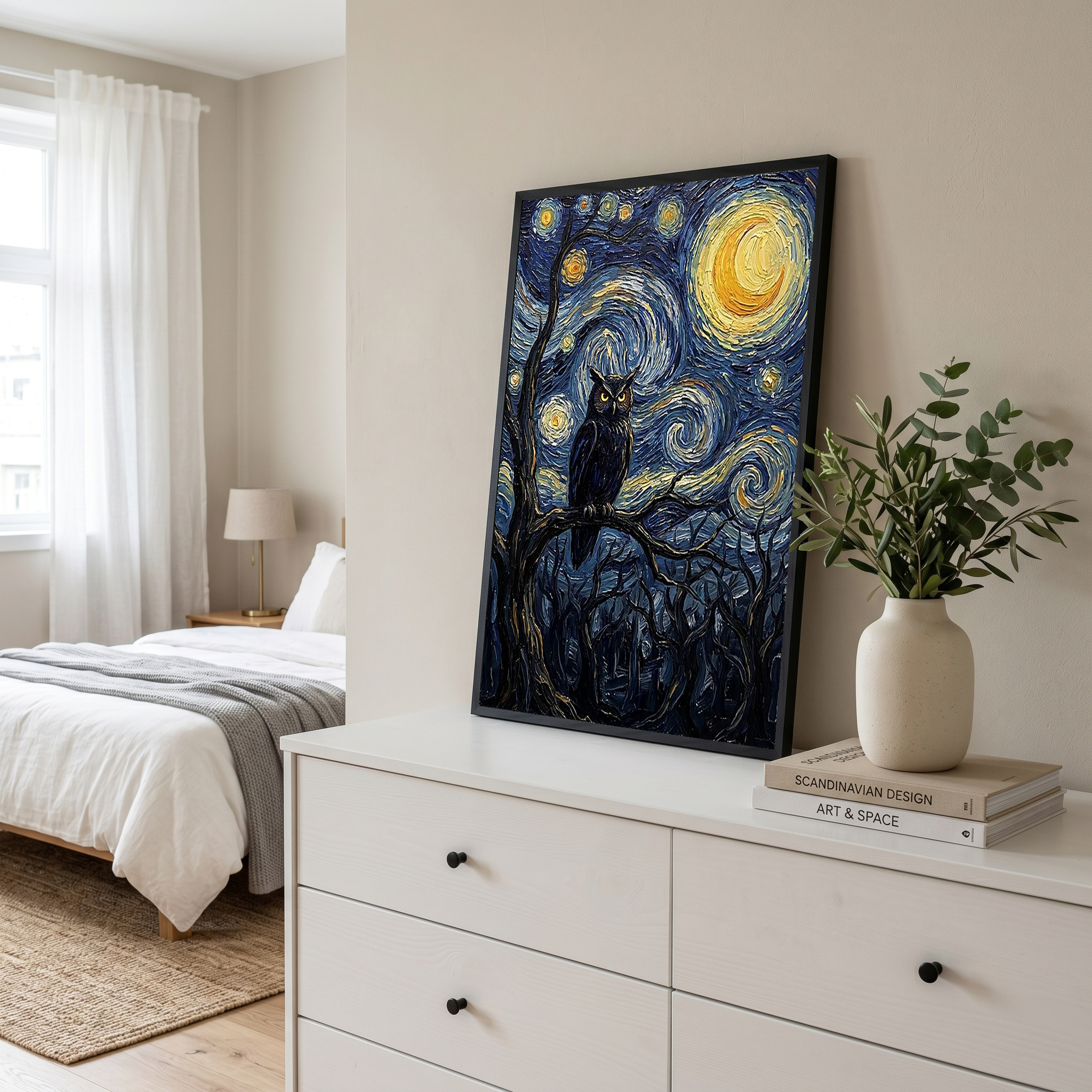 Wise Owl Starry Night Print — Van Gogh-Style Mystical Forest Wall Art
