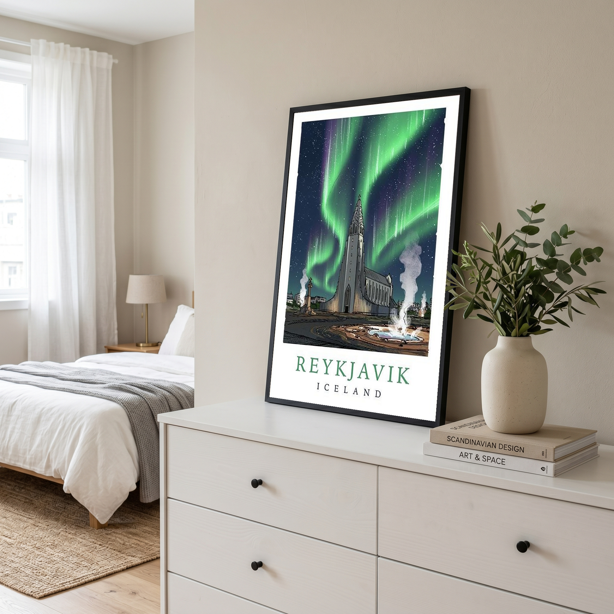 Reykjavik Iceland Travel Poster — Hallgrímskirkja Northern Lights Print