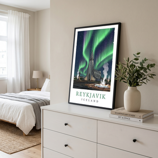 Reykjavik Iceland Travel Poster — Hallgrímskirkja Northern Lights Print
