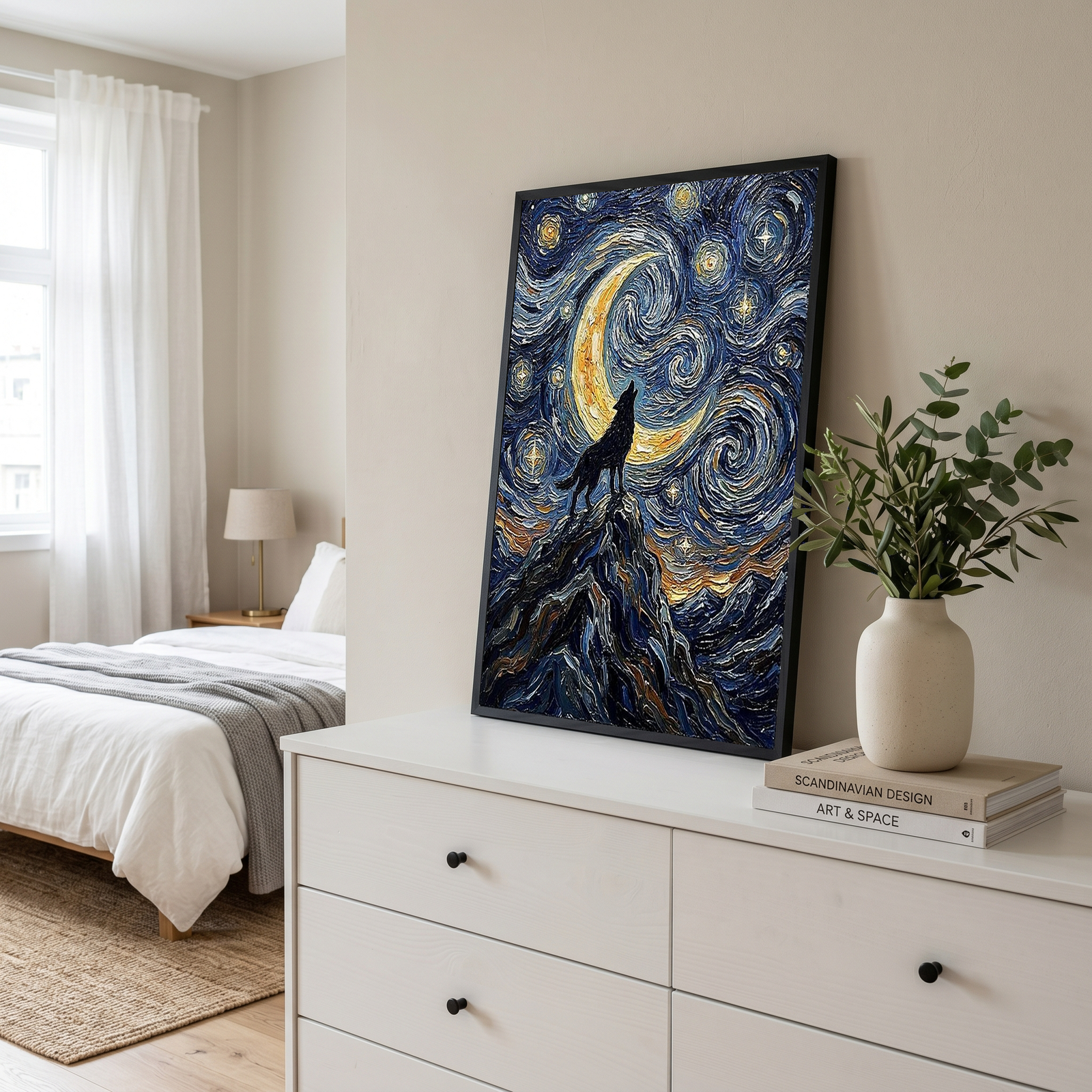 Black Wolf Howling Crescent Moon Print — Van Gogh-Style Mountain Wall Art