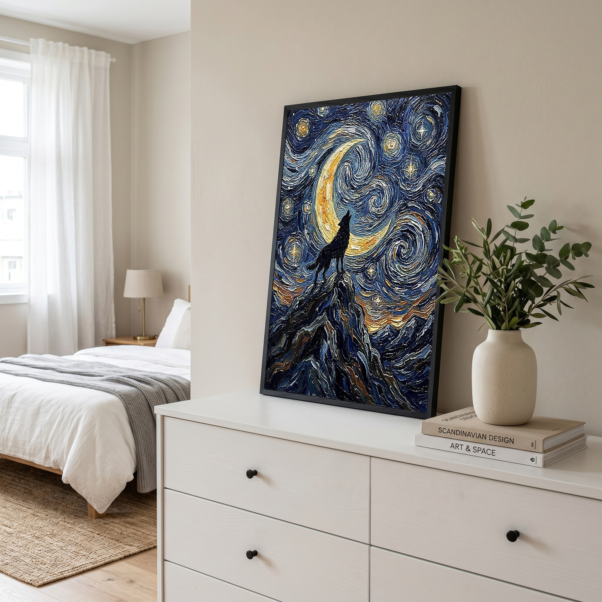 Black Wolf Howling Crescent Moon Print — Van Gogh-Style Mountain Wall Art