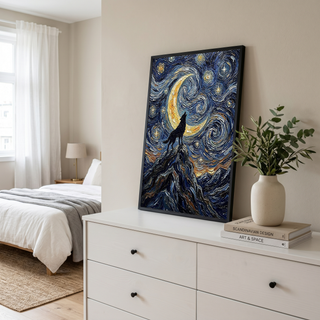 Black Wolf Howling Crescent Moon Print — Van Gogh-Style Mountain Wall Art