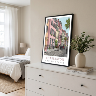 Charleston SC Travel Poster — Rainbow Row Carriage Ride Pastel Print
