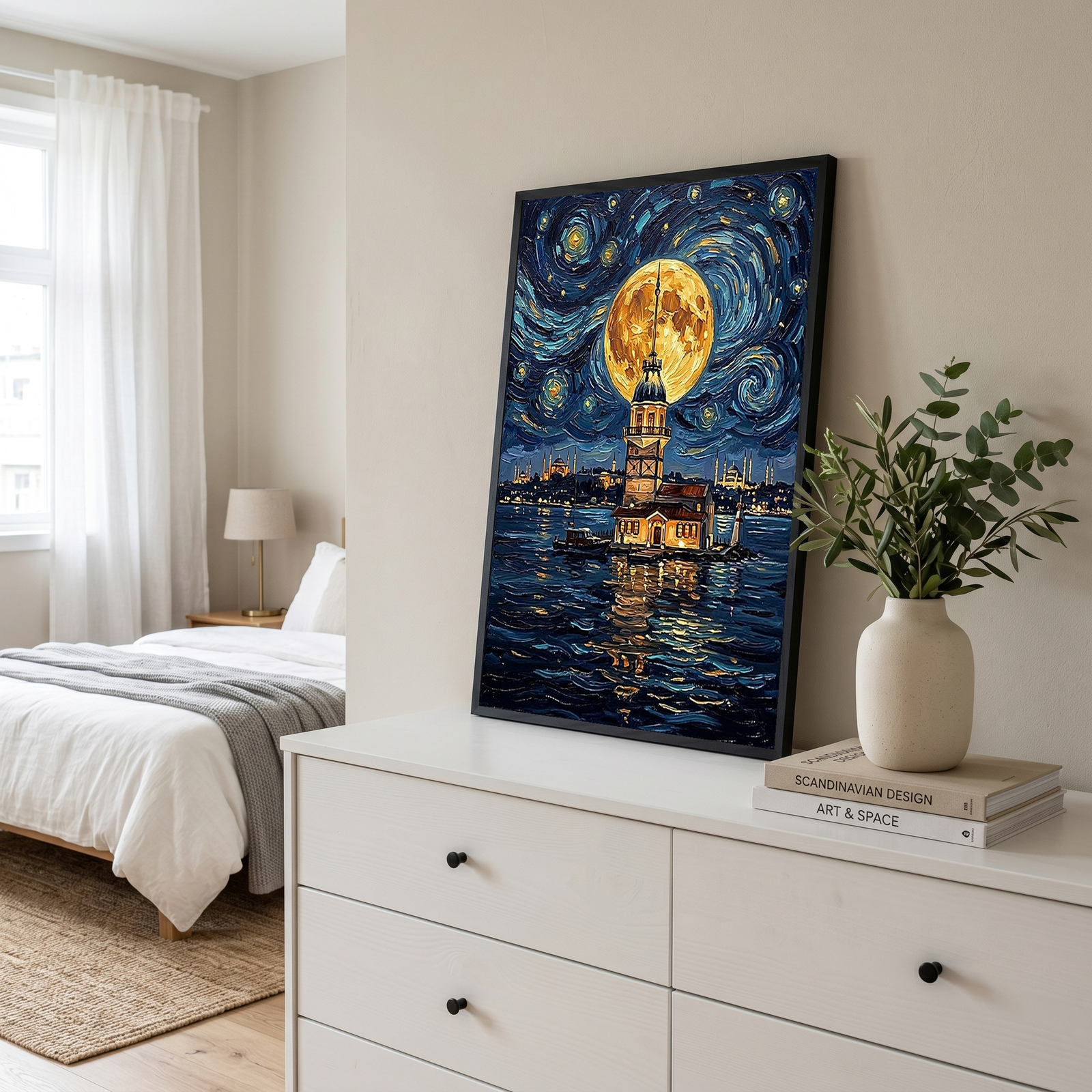 Maiden Tower Istanbul Full Moon Print — Van Gogh-Style Skyline Wall Art