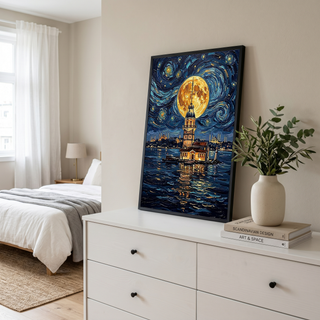 Maiden Tower Istanbul Full Moon Print — Van Gogh-Style Skyline Wall Art