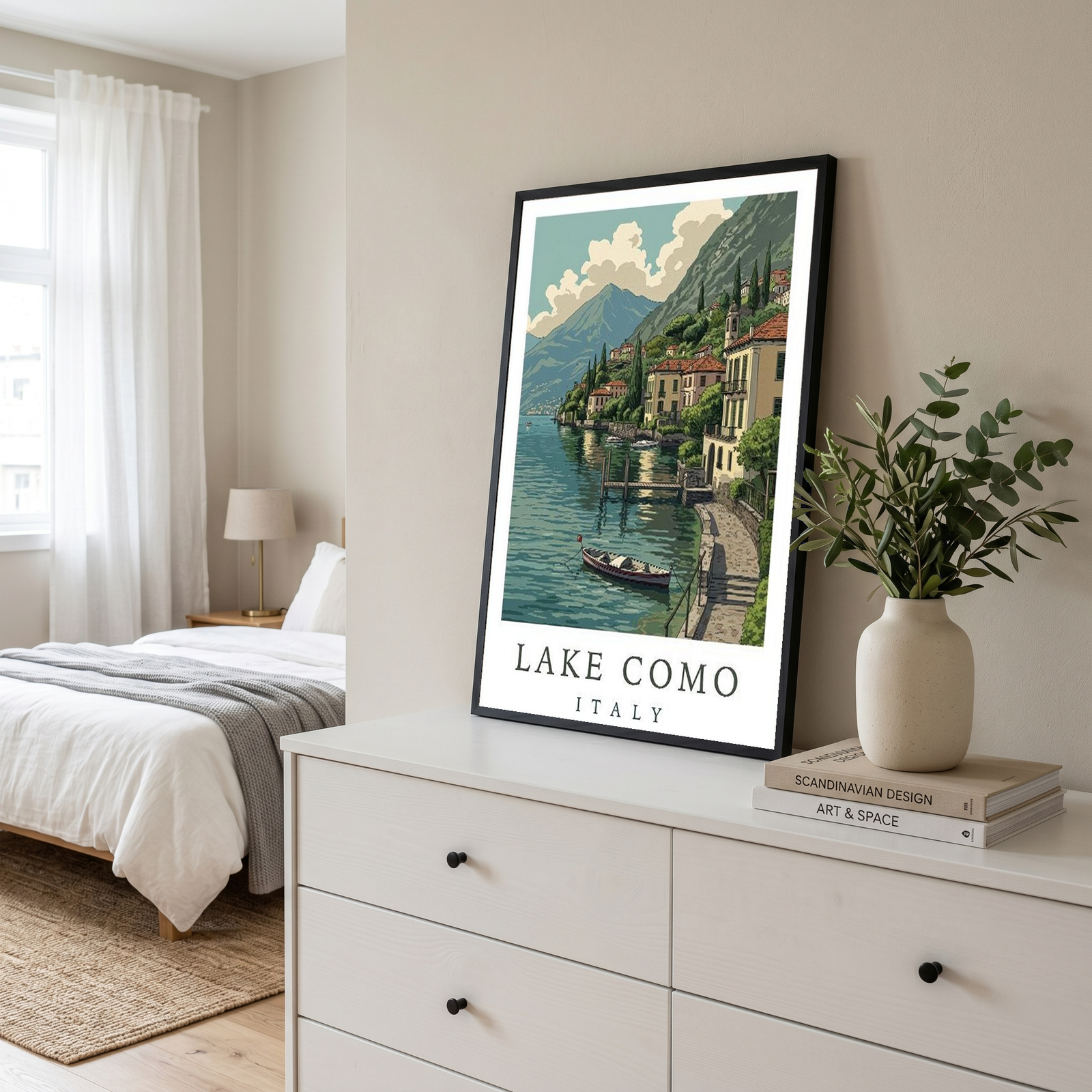 Lake Como Italy Travel Poster — Lakeside Village Boat Landscape Print