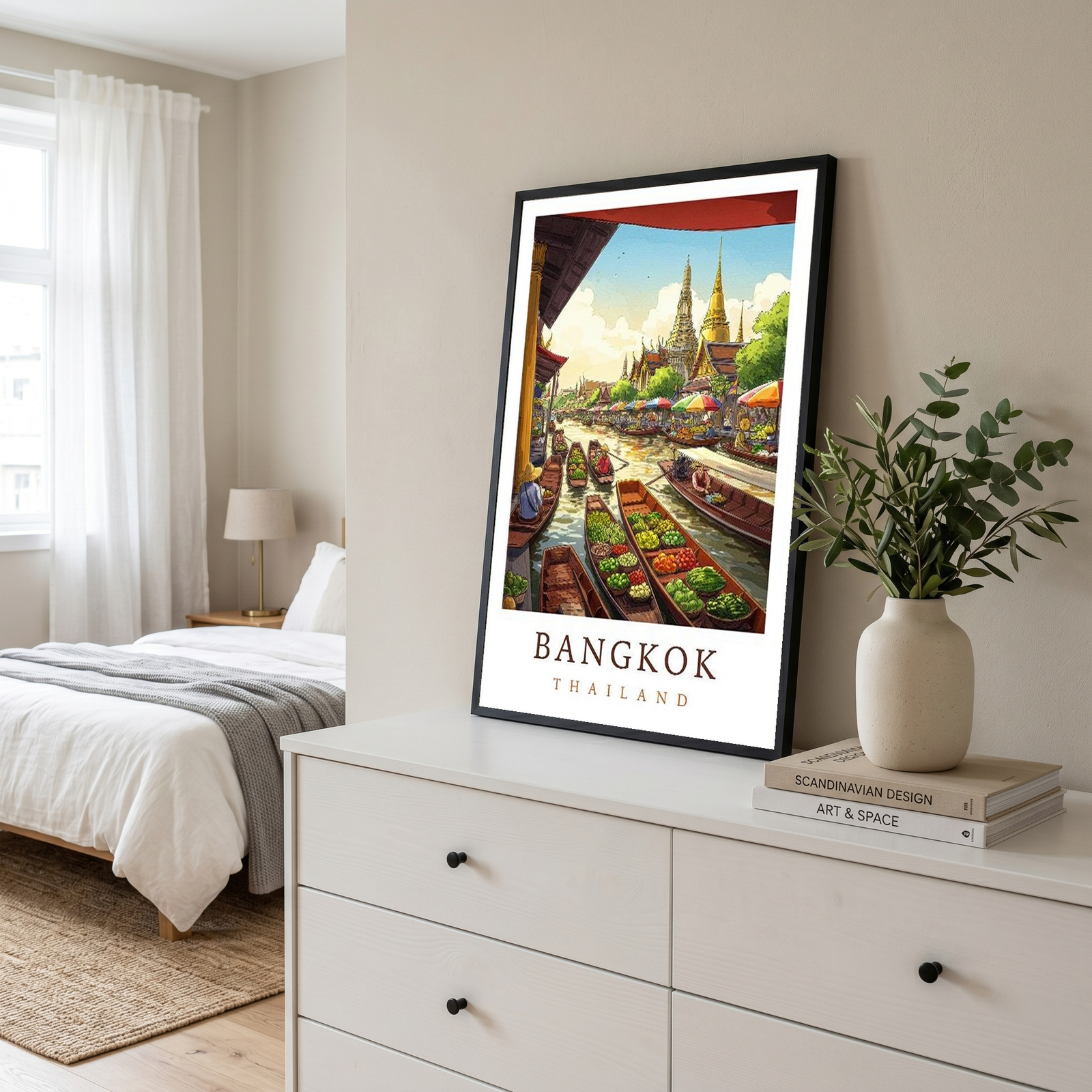 Bangkok Thailand Travel Poster — Floating Market Wat Arun Print
