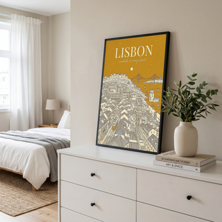 Lisbon Line Art Print — Mustard Yellow Tram Belém Tower Skyline Wall Art