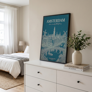 Amsterdam Line Art Print — Teal Canal Windmill Skyline Wall Art