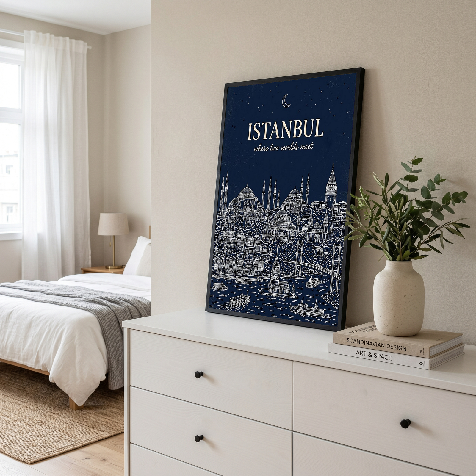 Istanbul Line Art Print — Navy Bosphorus Skyline Hagia Sophia Wall Art
