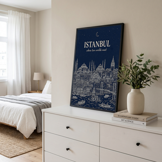 Istanbul Line Art Print — Navy Bosphorus Skyline Hagia Sophia Wall Art