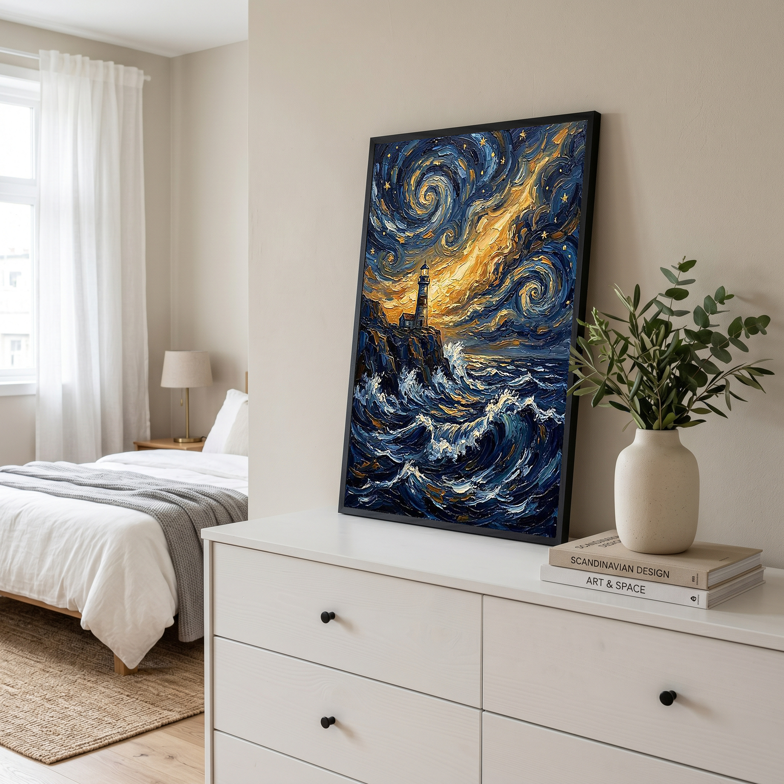 Lighthouse Stormy Sea Print — Van Gogh Starry Night Coastal Wall Art