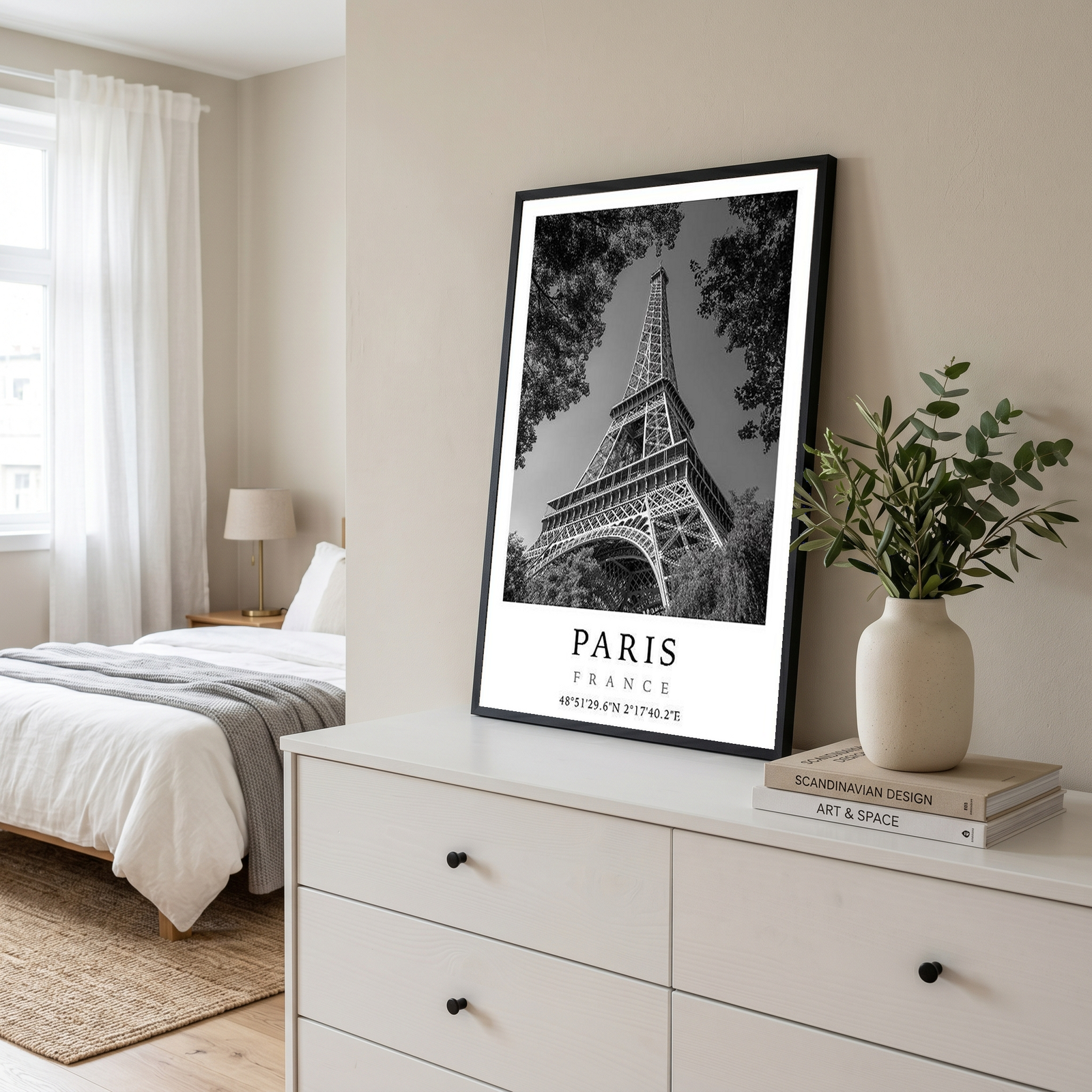 Paris Eiffel Tower Poster — Black and White France Coordinates Print