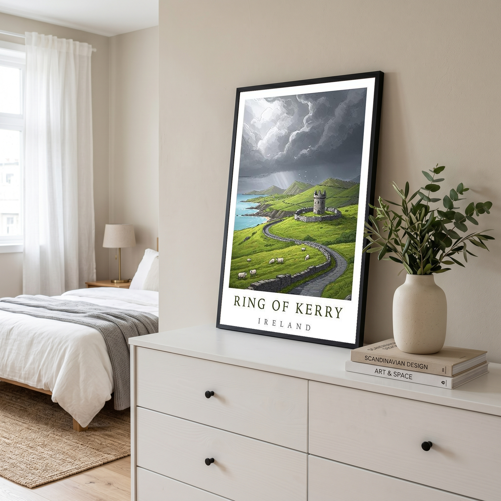 Ring of Kerry Ireland Travel Poster — Coastal Castle Sheep Stone Wall Print