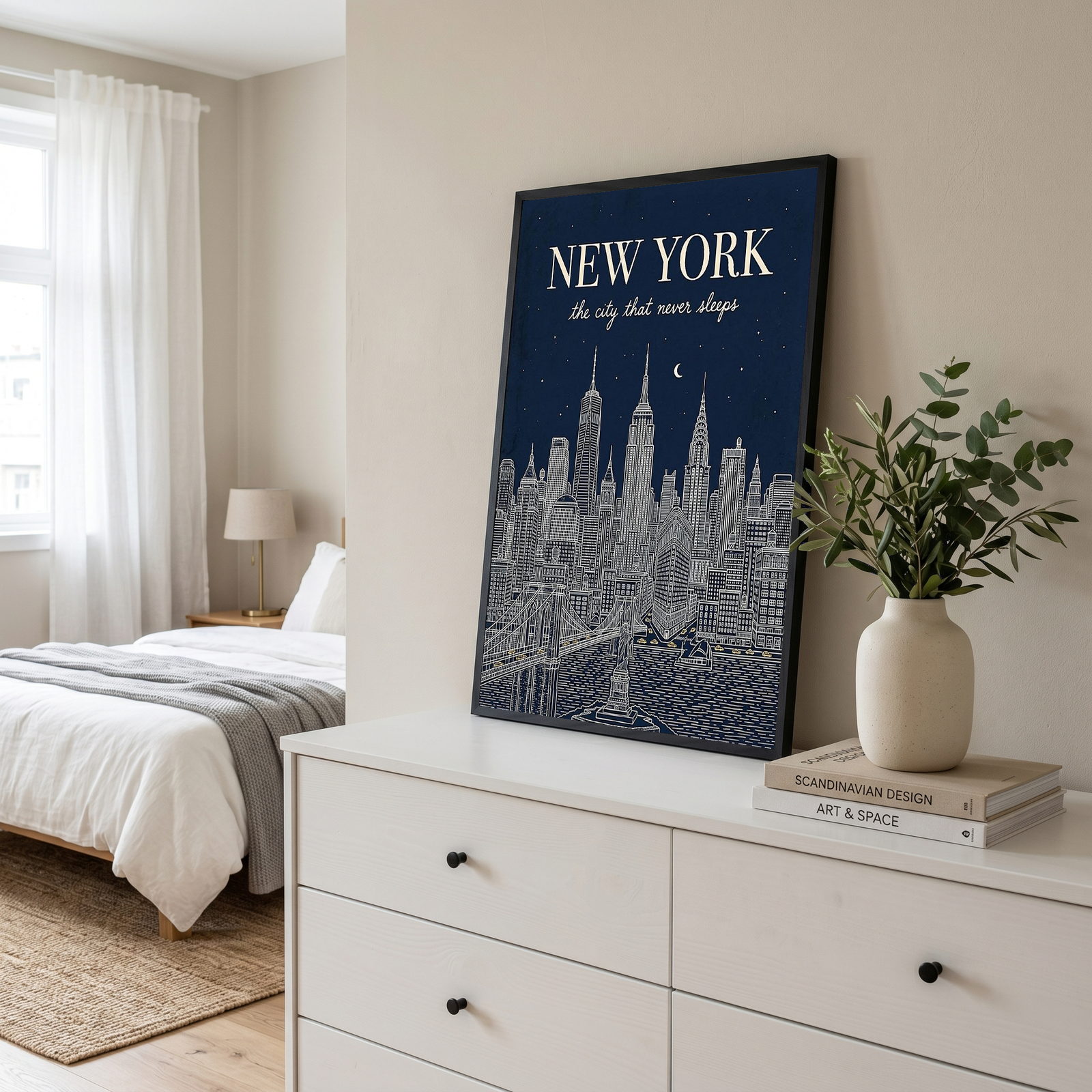 New York Line Art Print — Navy Manhattan Skyline Empire State Brooklyn Bridge Wall Art