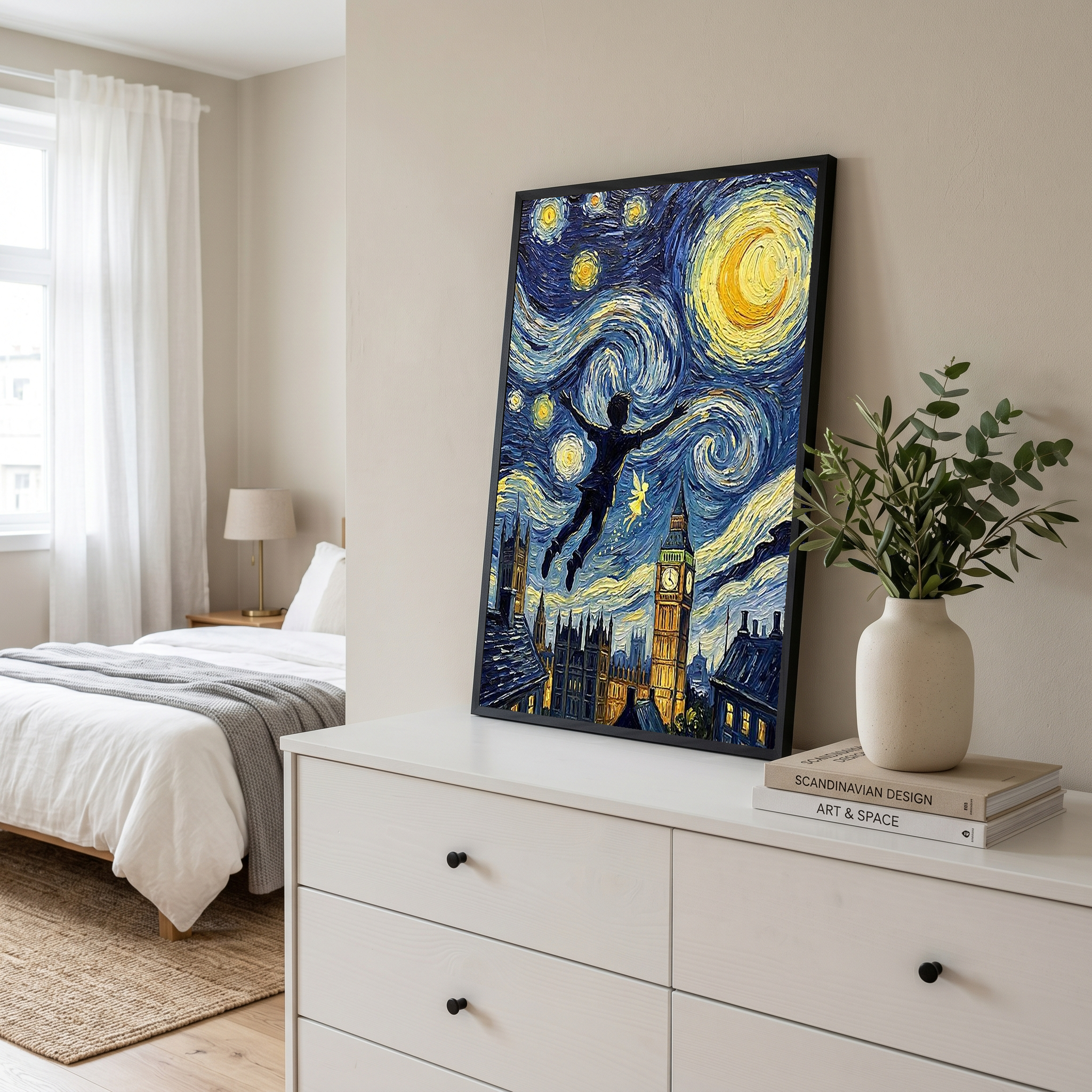 Peter Pan London Starry Night Print — Big Ben Van Gogh-Style Nursery Wall Art