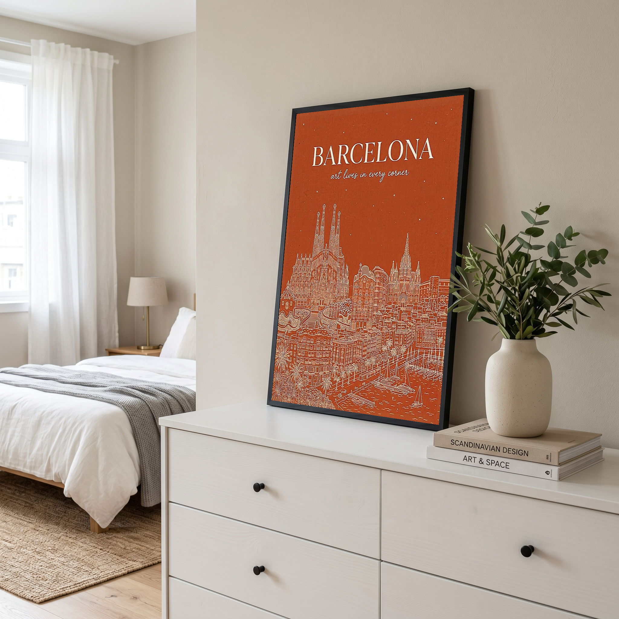 Barcelona Line Art Print — Burnt Orange Sagrada Familia Skyline Wall Art