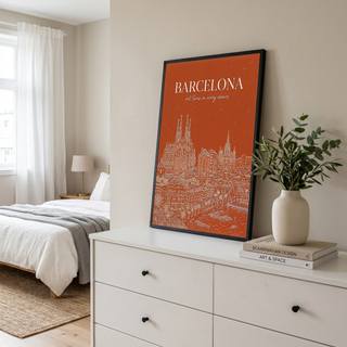 Barcelona Line Art Print — Burnt Orange Sagrada Familia Skyline Wall Art