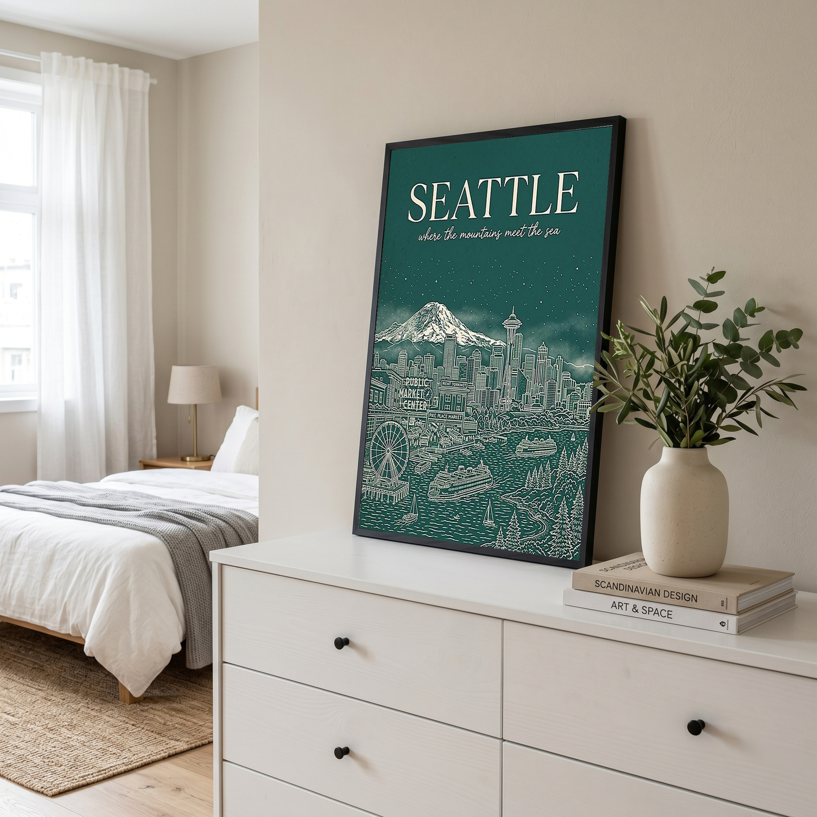 Seattle Line Art Travel Poster — Mount Rainier Cityscape Pacific Northwest Print