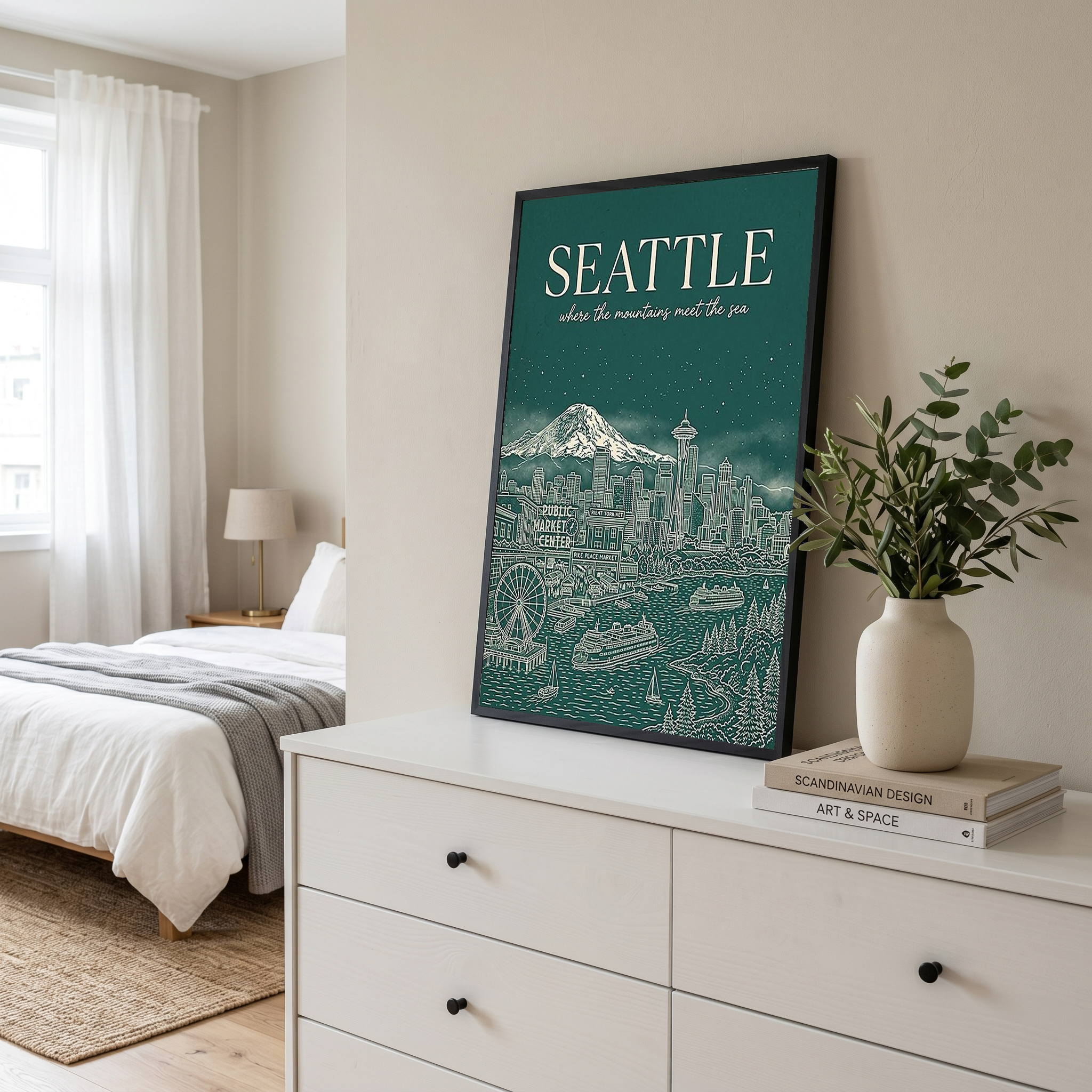 Seattle Line Art Travel Poster — Mount Rainier Cityscape Pacific Northwest Print