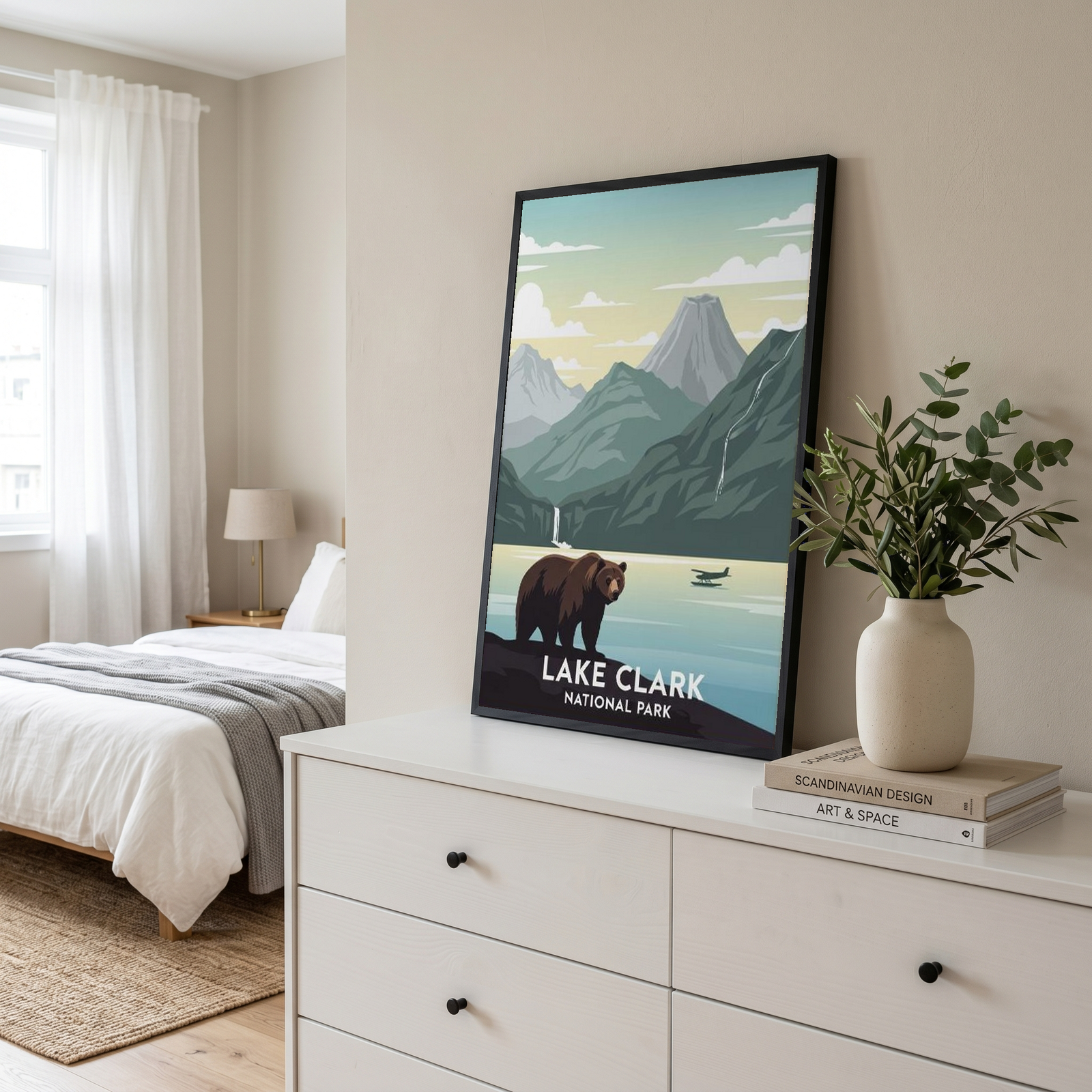 Lake Clark National Park Poster — Vintage Alaska Brown Bear Floatplane Print