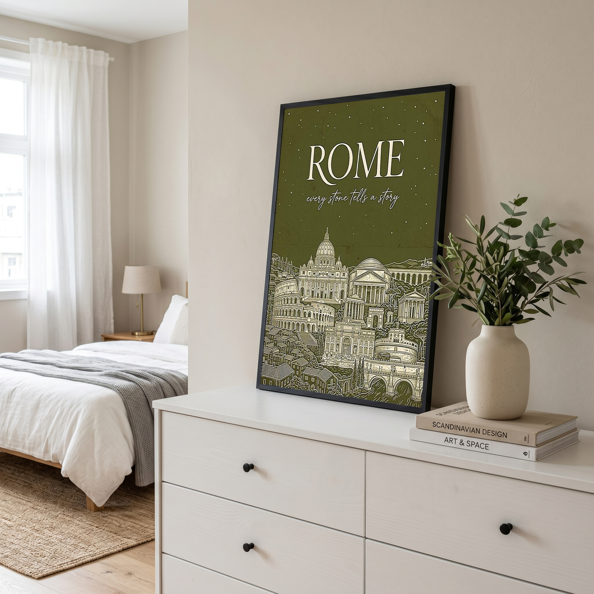 Rome Line Art Print — Olive Green Colosseum Vatican Skyline Wall Art