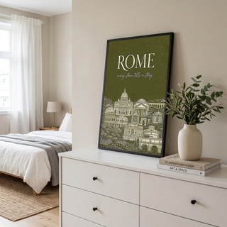 Rome Line Art Print — Olive Green Colosseum Vatican Skyline Wall Art