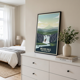 Katmai National Park Poster — Vintage Alaska Brooks Falls Brown Bear Salmon Print
