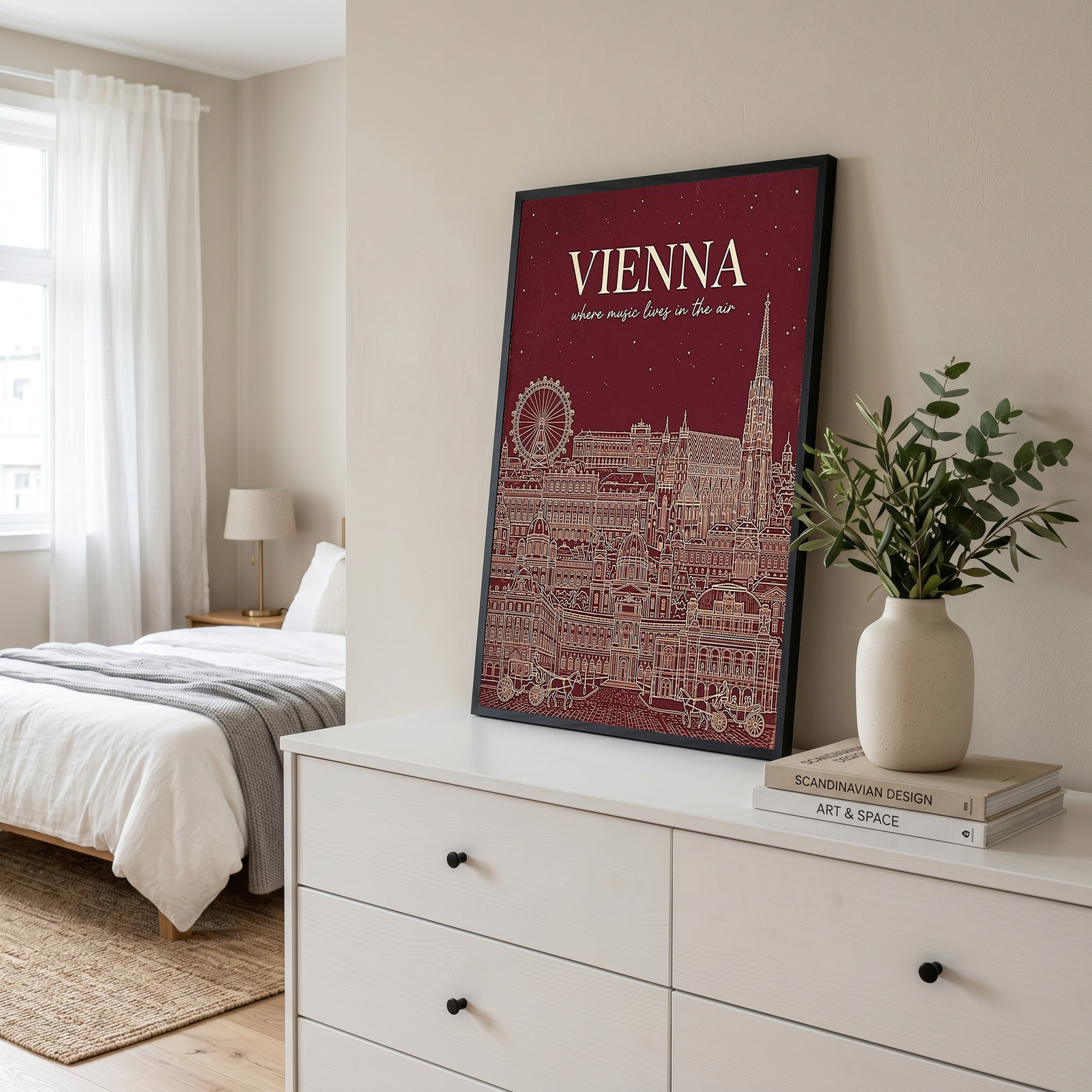 Vienna Line Art Print — Cherry Red St. Stephen's Cathedral Skyline Wall Art