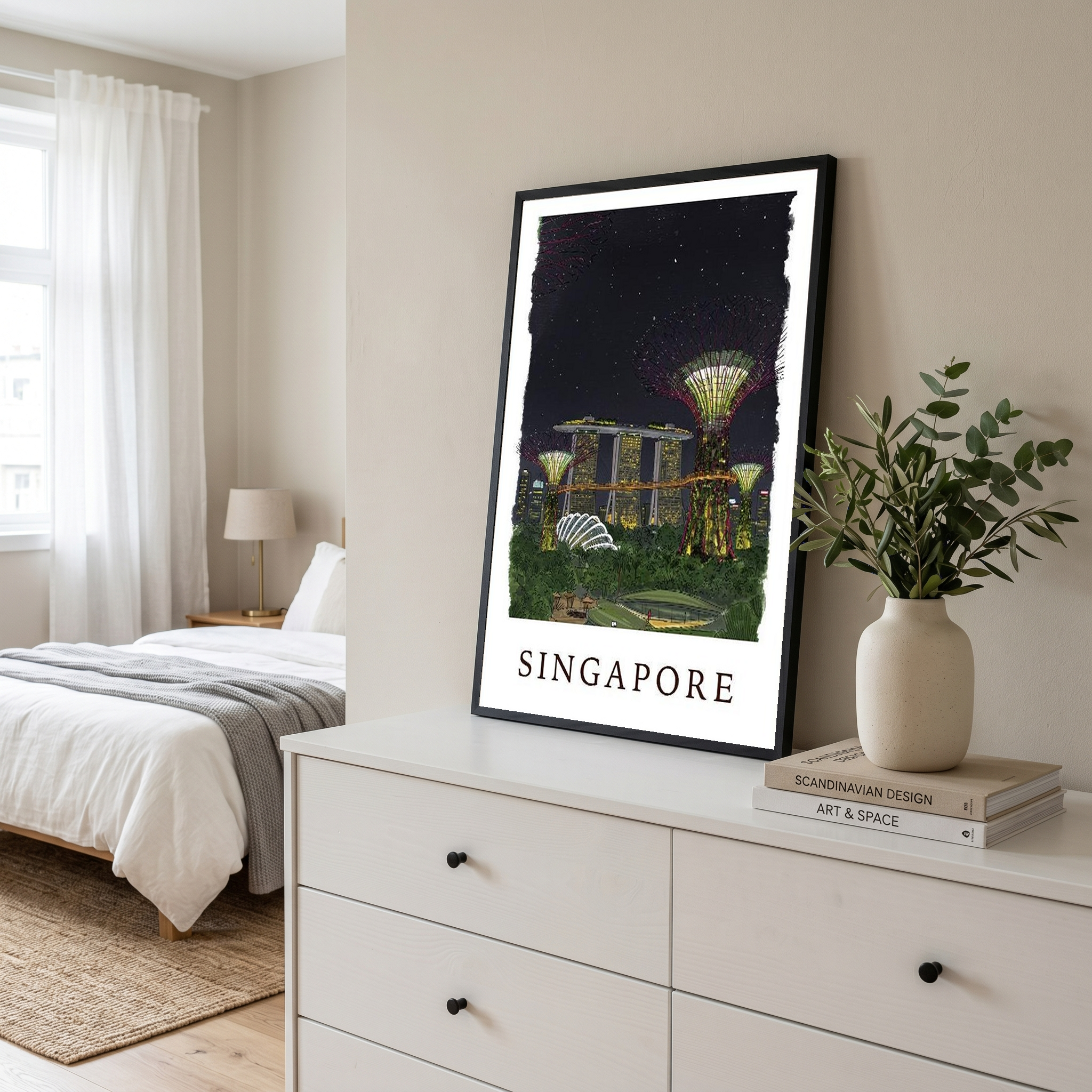 Singapore Travel Poster — Gardens by the Bay Marina Night Print