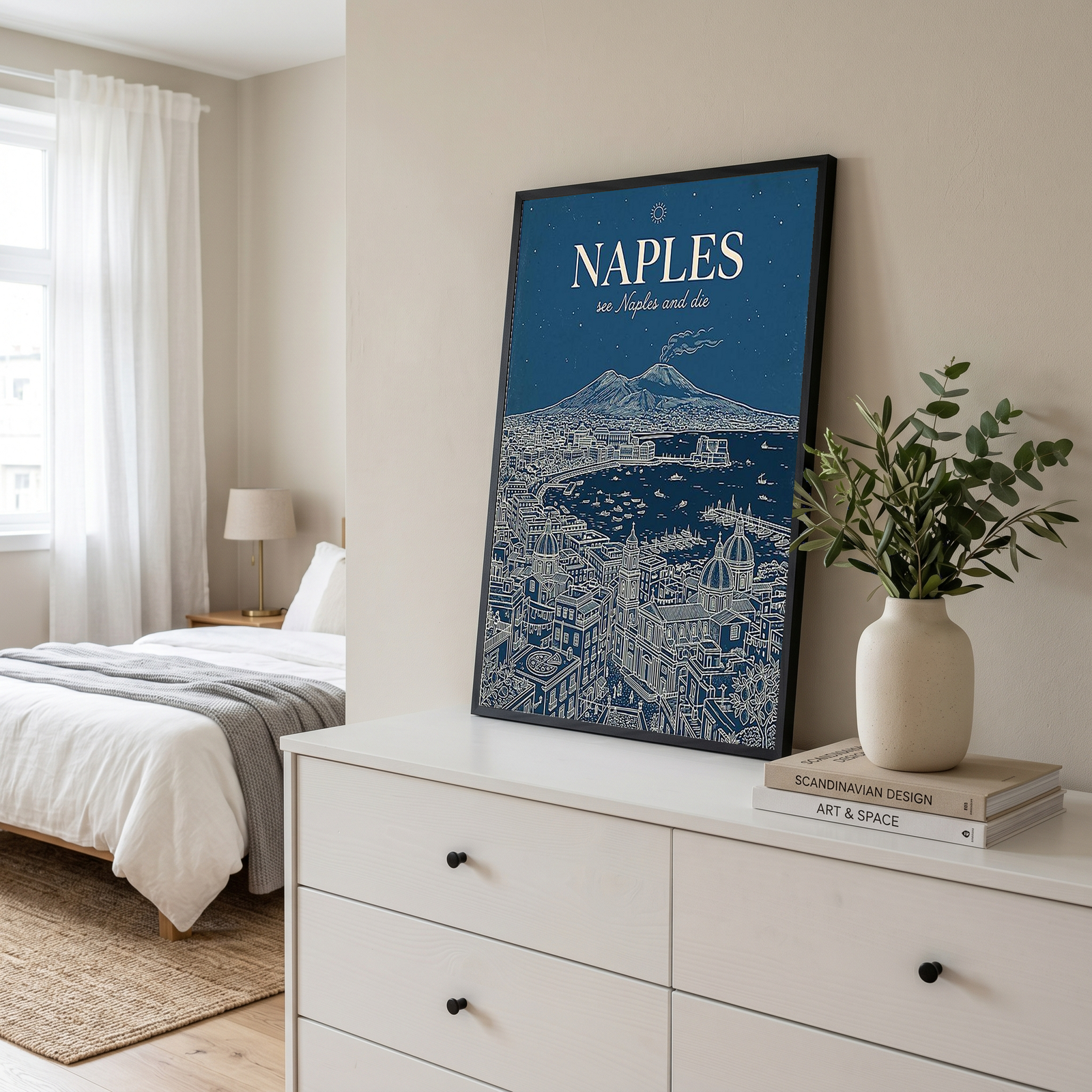 Naples Line Art Print — Navy Mount Vesuvius Bay Skyline Wall Art